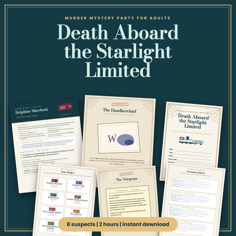 Death Aboard the Starlight Limited 1930s train murder mystery party game